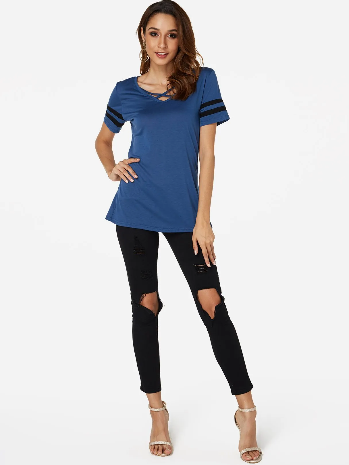 OEM ODM V-Neck Plain Crossed Front Short Sleeve T-Shirts