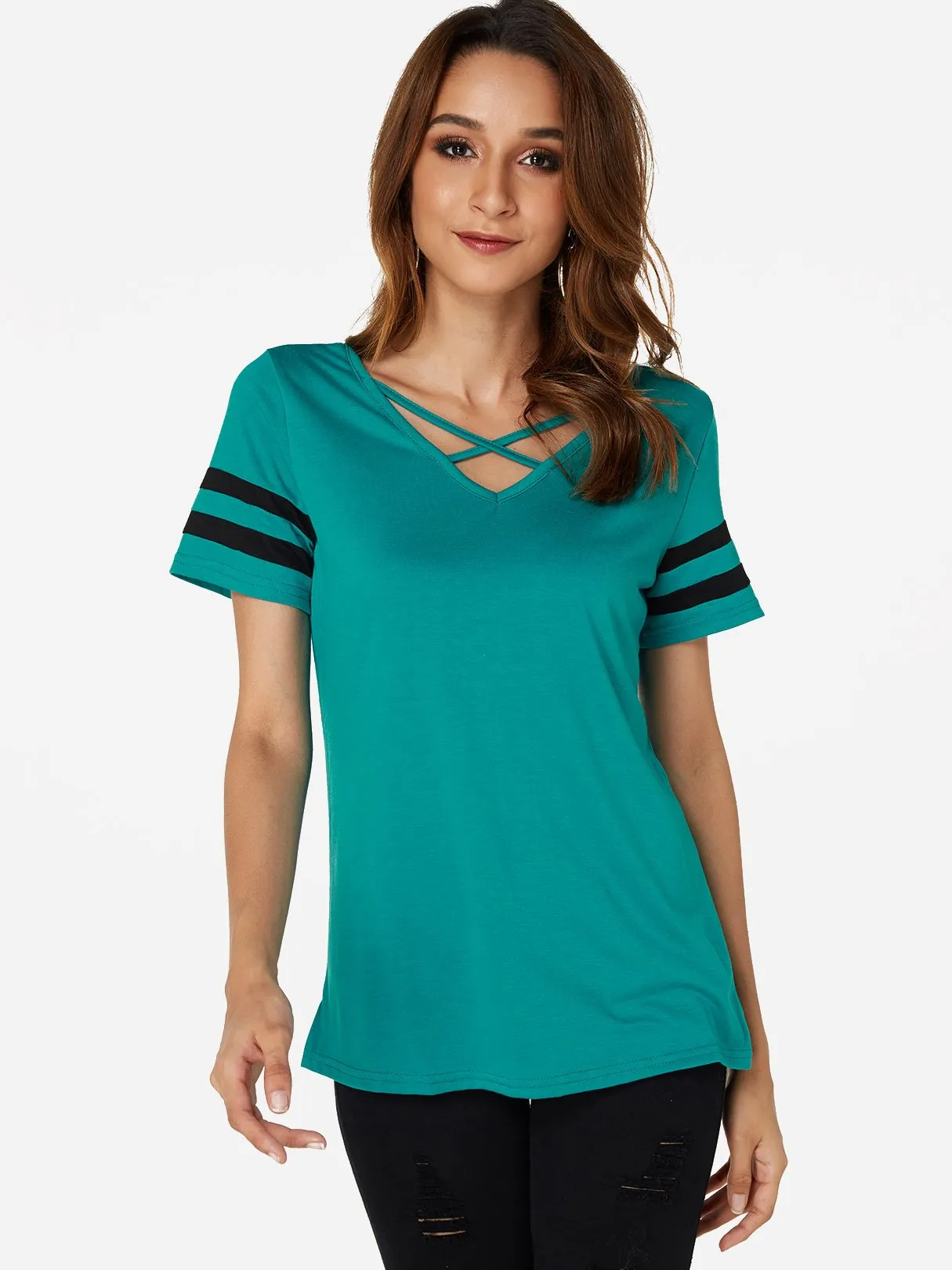 OEM ODM V-Neck Plain Crossed Front Short Sleeve T-Shirts