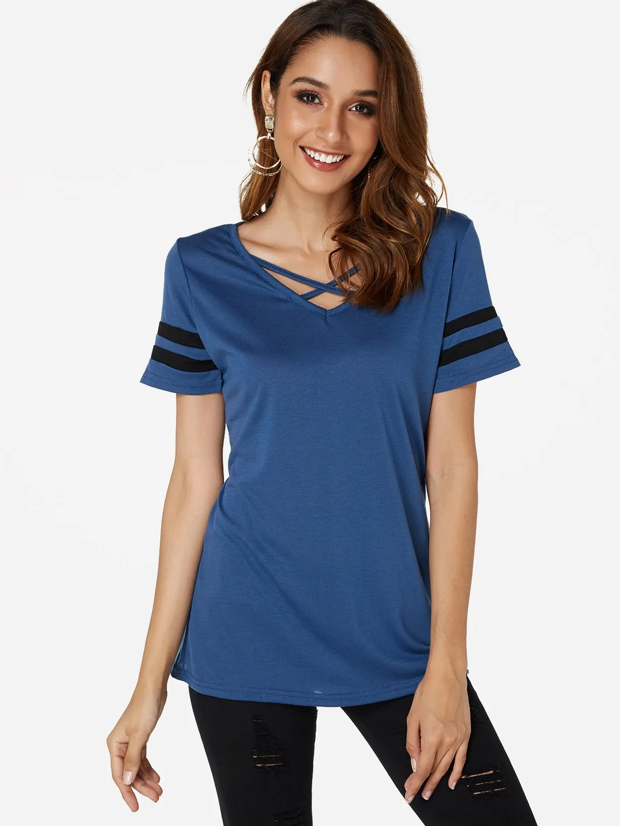 OEM ODM V-Neck Plain Crossed Front Short Sleeve T-Shirts