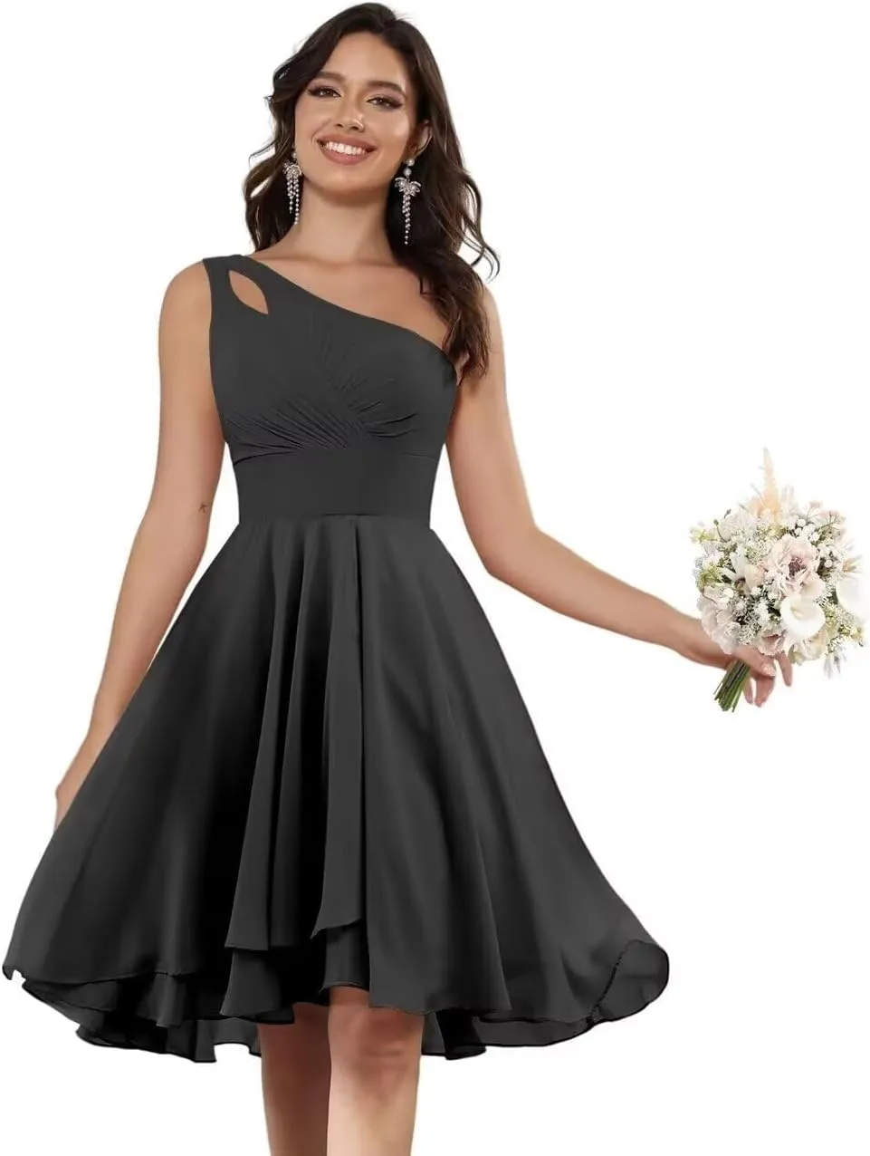 One Shoulder Short Bridesmaid Dresses for Wedding Chiffon A-line Formal Party Dress with Pockets