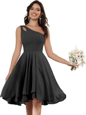 One Shoulder Short Bridesmaid Dresses for Wedding Chiffon A-line Formal Party Dress with Pockets