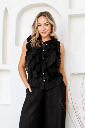 Parigi Linen Ruffle Top in Black