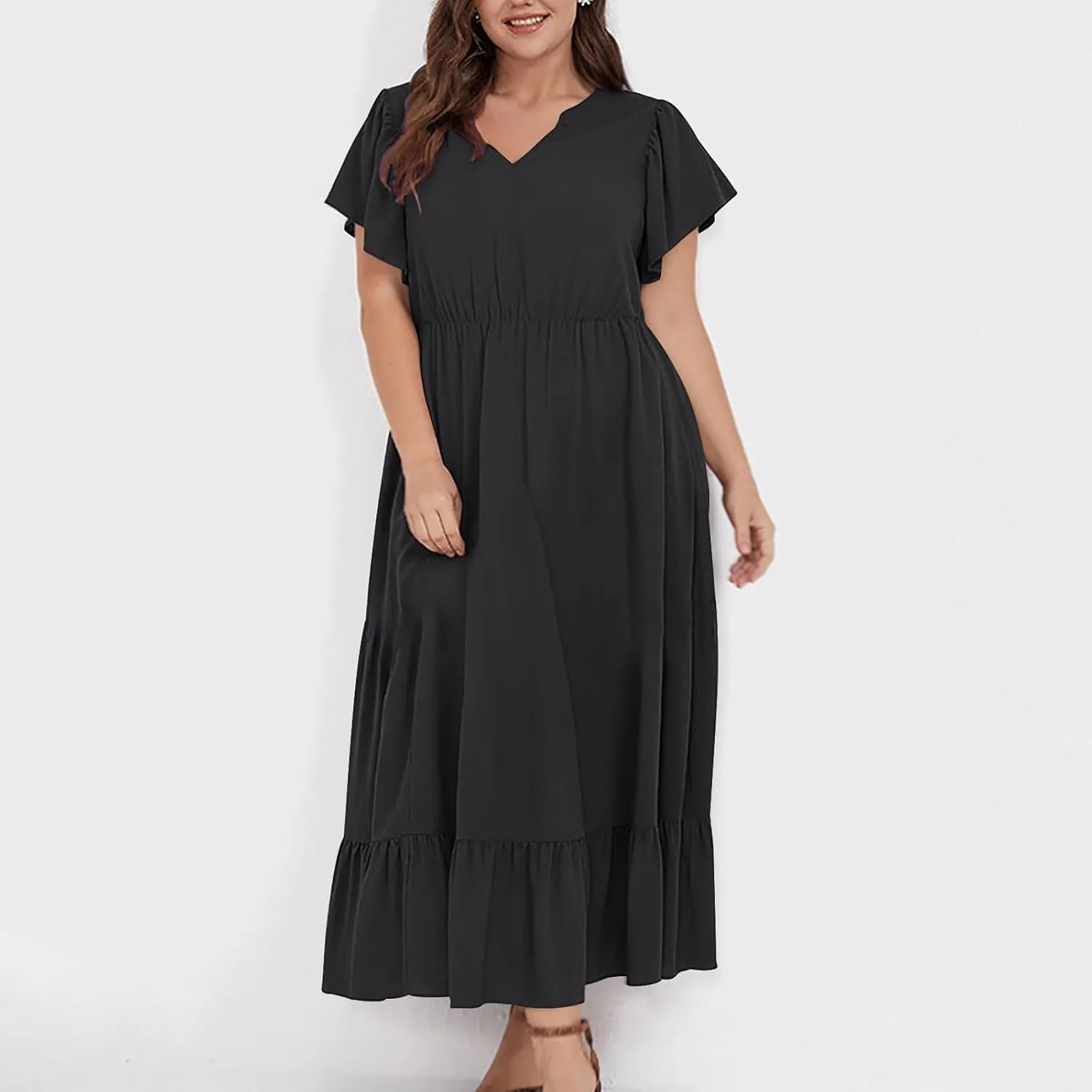 Plus Size Ruffle Dresses for Curvy Women Summer Beach Vacation Casual Short Sleeve V Neck Flowy Midi Dress with Pockets