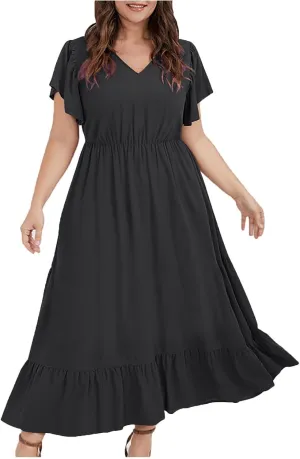 Plus Size Ruffle Dresses for Curvy Women Summer Beach Vacation Casual Short Sleeve V Neck Flowy Midi Dress with Pockets