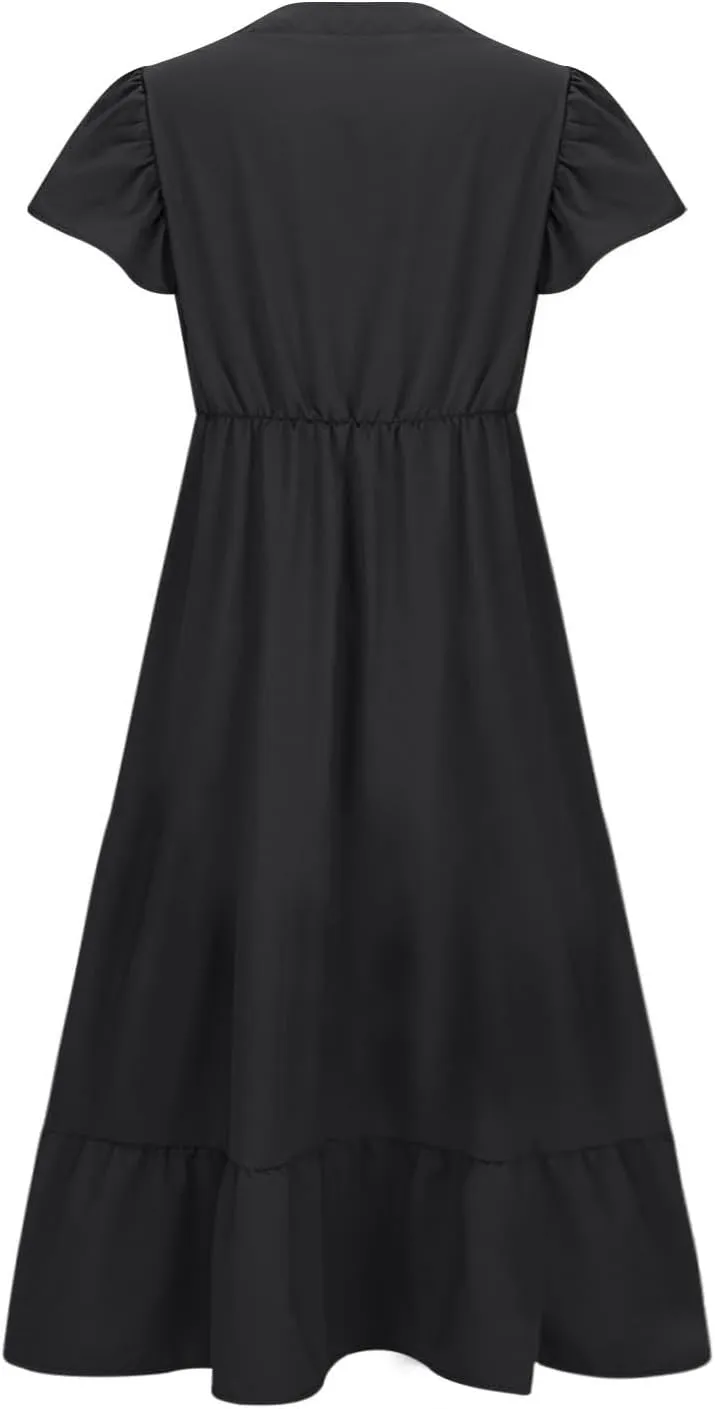 Plus Size Ruffle Dresses for Curvy Women Summer Beach Vacation Casual Short Sleeve V Neck Flowy Midi Dress with Pockets