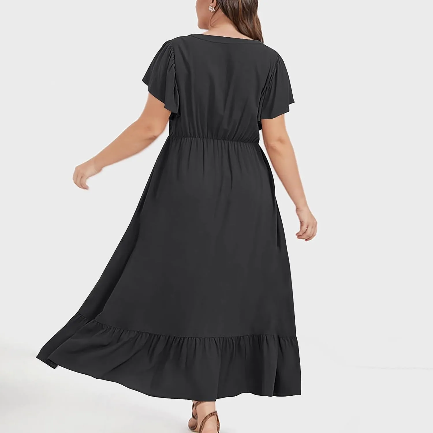 Plus Size Ruffle Dresses for Curvy Women Summer Beach Vacation Casual Short Sleeve V Neck Flowy Midi Dress with Pockets