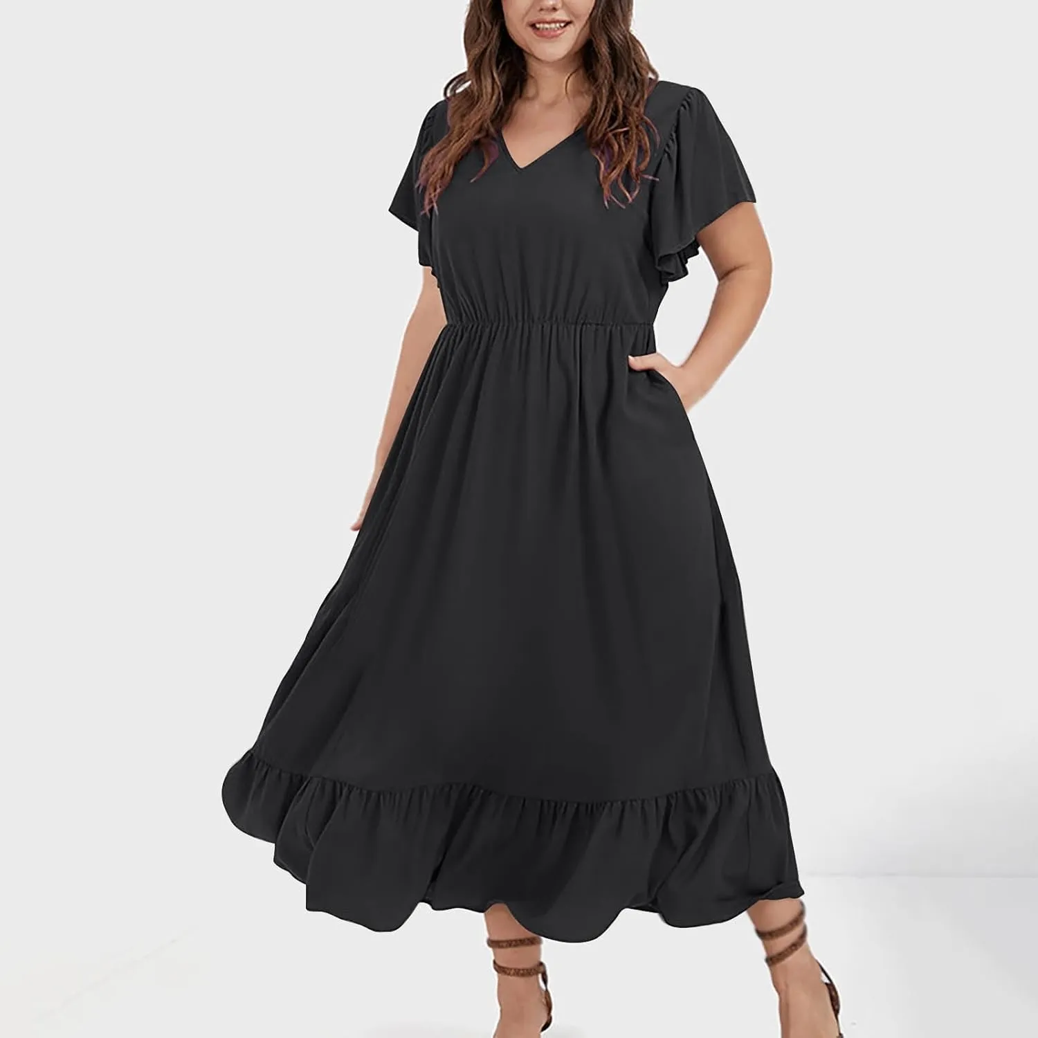 Plus Size Ruffle Dresses for Curvy Women Summer Beach Vacation Casual Short Sleeve V Neck Flowy Midi Dress with Pockets