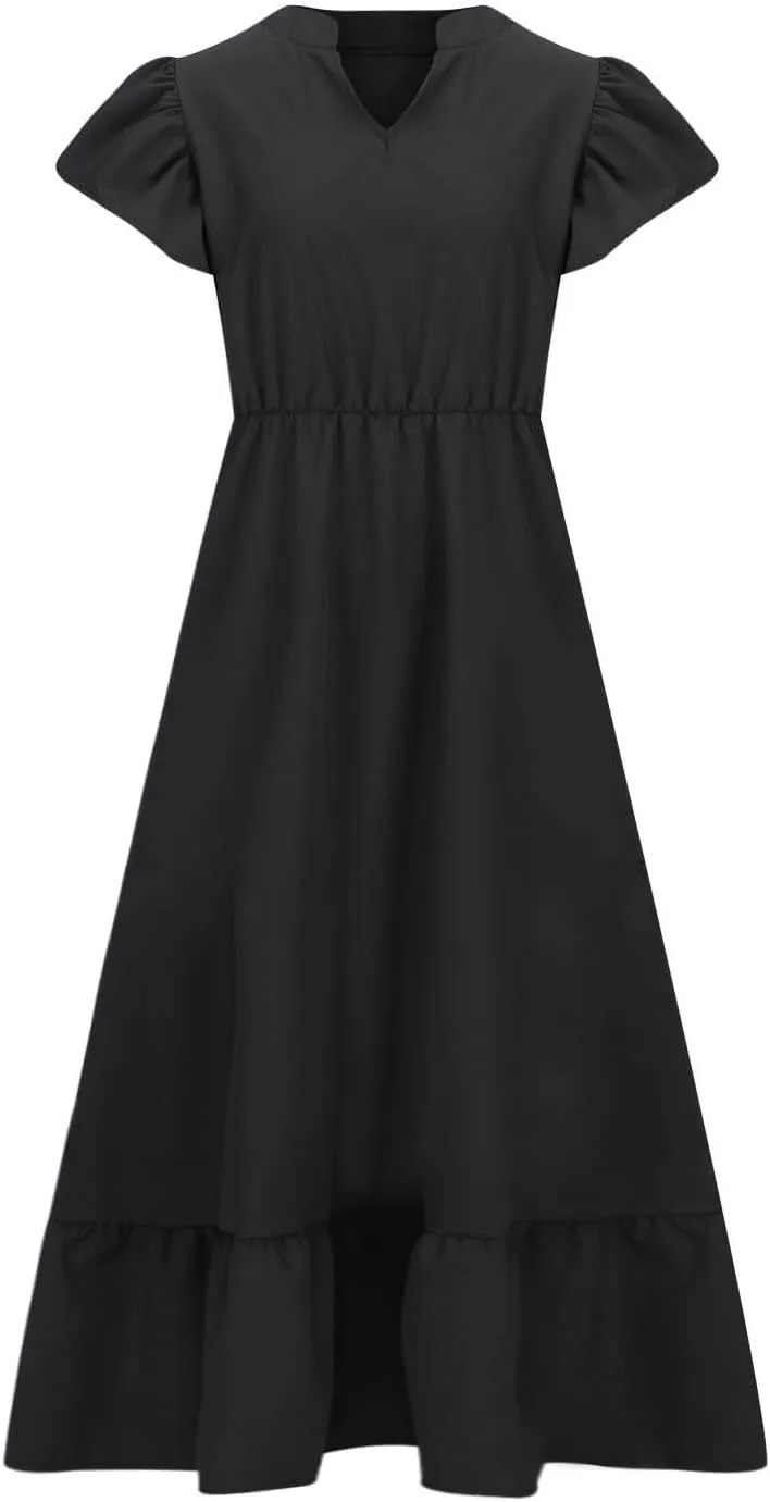 Plus Size Ruffle Dresses for Curvy Women Summer Beach Vacation Casual Short Sleeve V Neck Flowy Midi Dress with Pockets