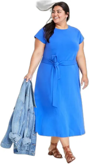 Plus Size Tie-Waist A-Line Midi Dress Cobalt Glaze 2X