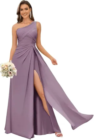 POMUYOO One Shoulder Bridesmaid Dresses for Women Long Chiffon Evening Dress Formal Gowns with Slit