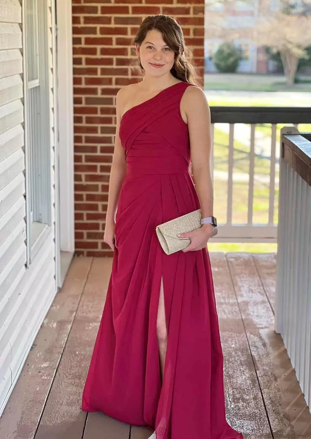 POMUYOO One Shoulder Bridesmaid Dresses for Women Long Chiffon Evening Dress Formal Gowns with Slit