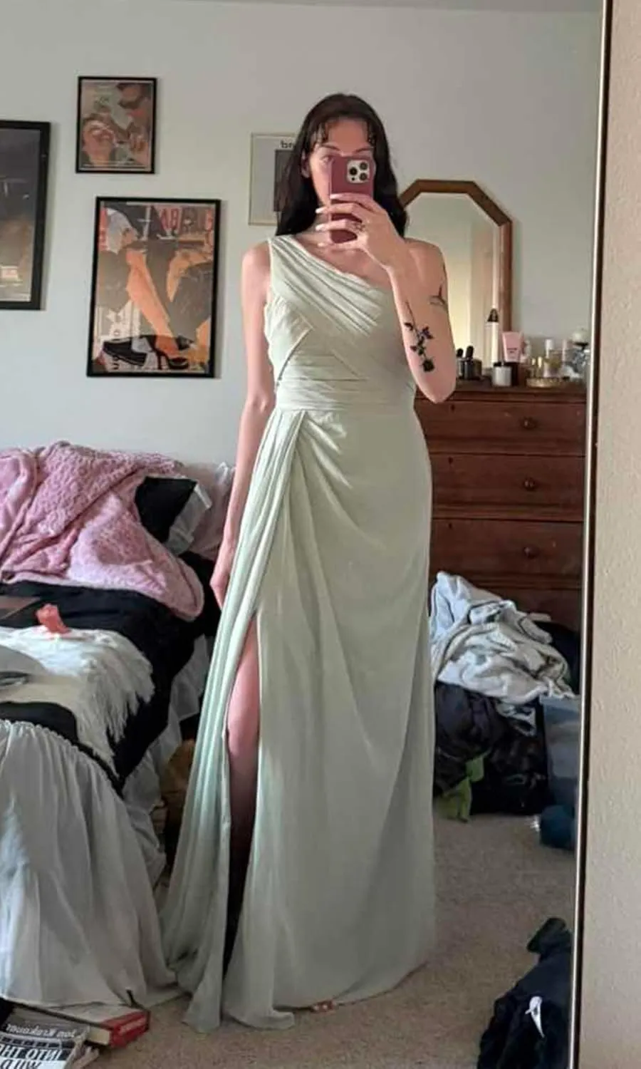 POMUYOO One Shoulder Bridesmaid Dresses for Women Long Chiffon Evening Dress Formal Gowns with Slit