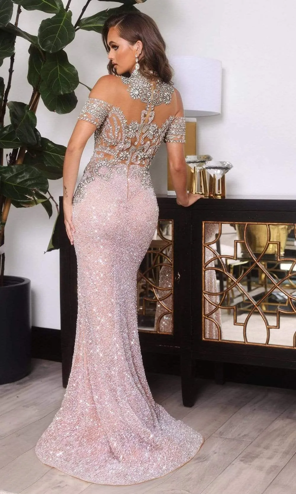 PORTIA & SCARLETT PS22418C High Neck Cutout Sleeve Trumpet Gown