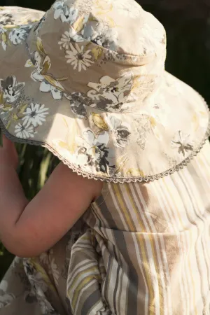 Reversible Brown Floral & stripe Kids' Sun Hat with Lace Detail