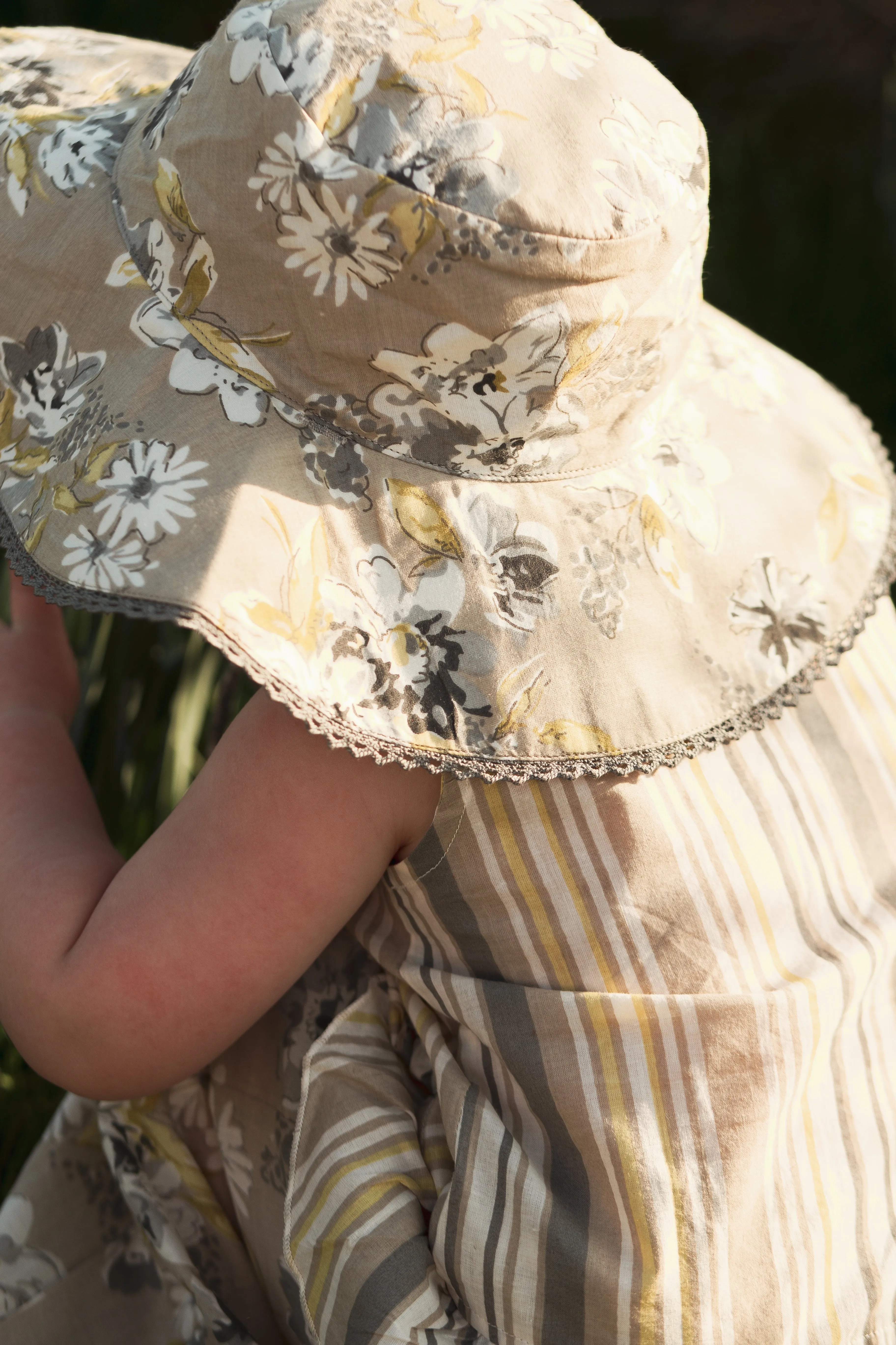 Reversible Brown Floral & stripe Kids' Sun Hat with Lace Detail
