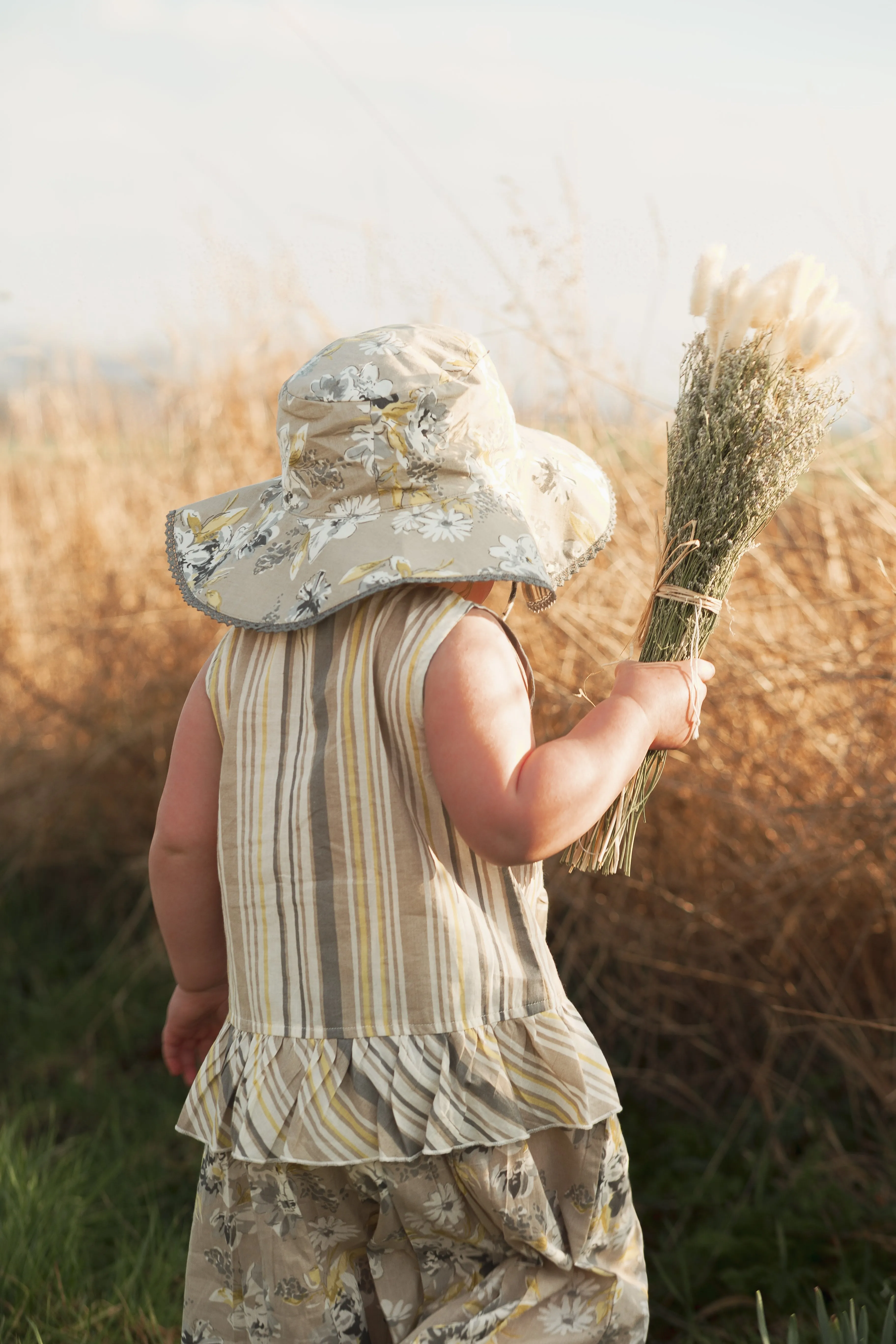 Reversible Brown Floral & stripe Kids' Sun Hat with Lace Detail