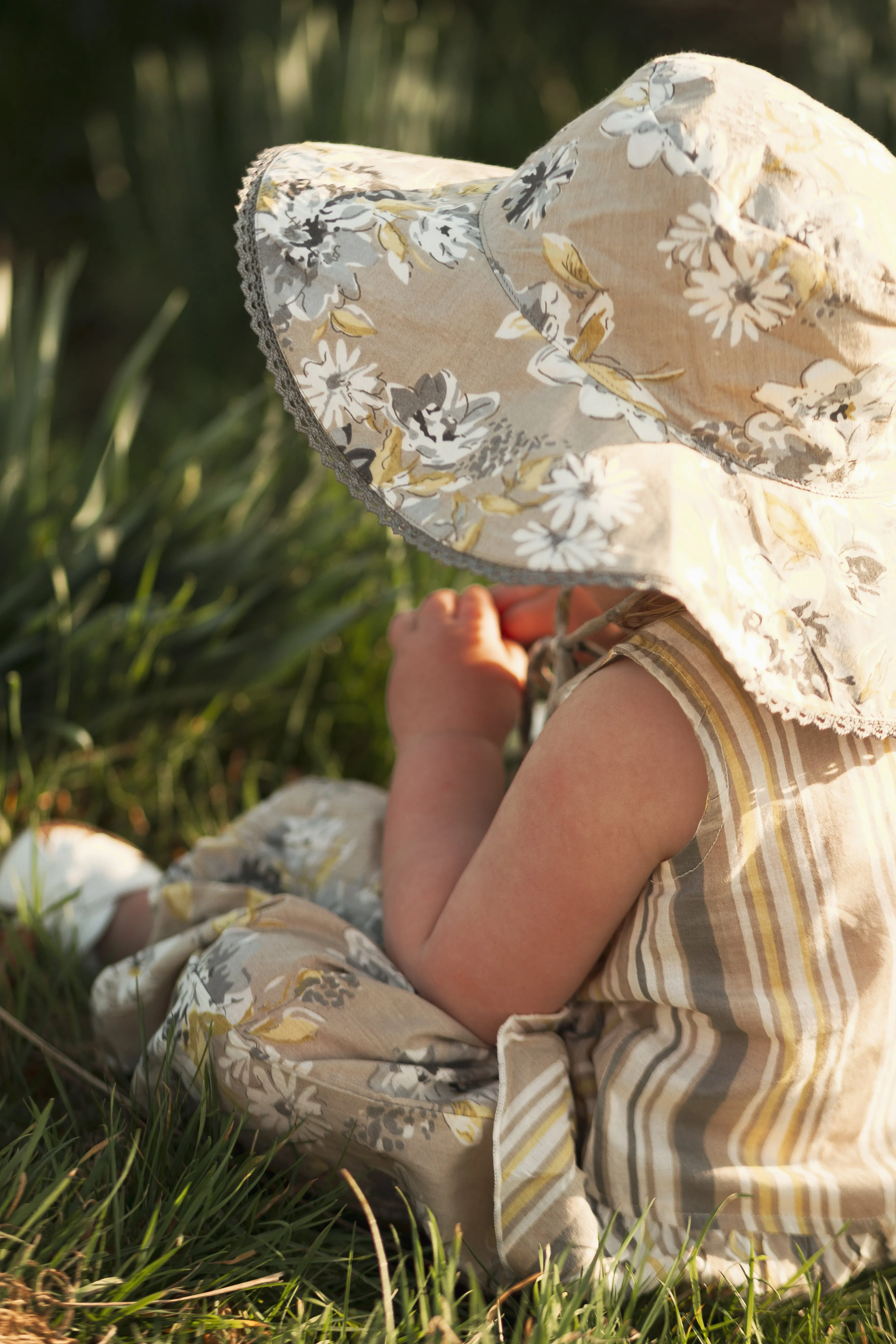 Reversible Brown Floral & stripe Kids' Sun Hat with Lace Detail