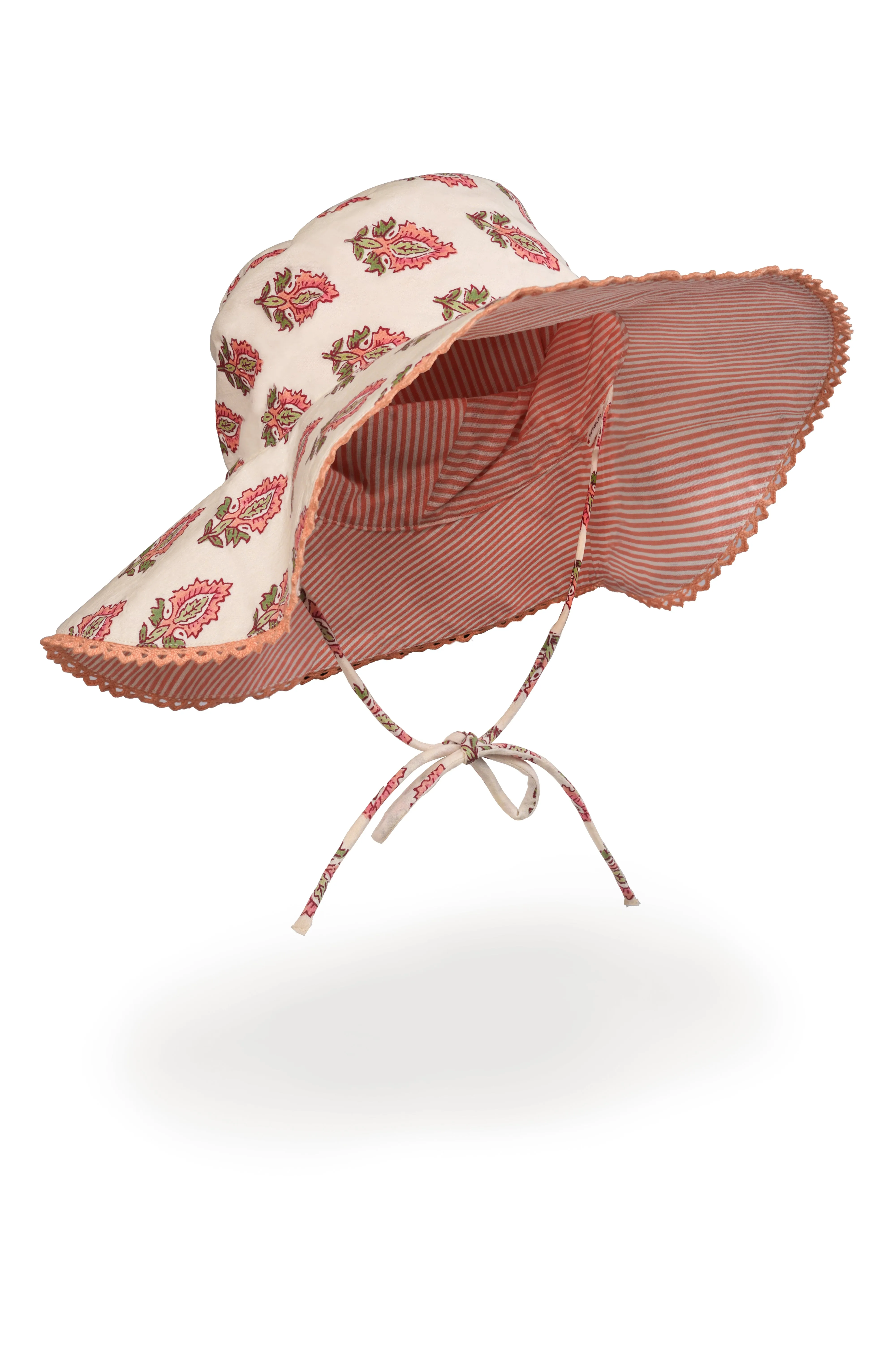 Reversible Coral Booti Print & Coral Stripe Sun Hat for Kids
