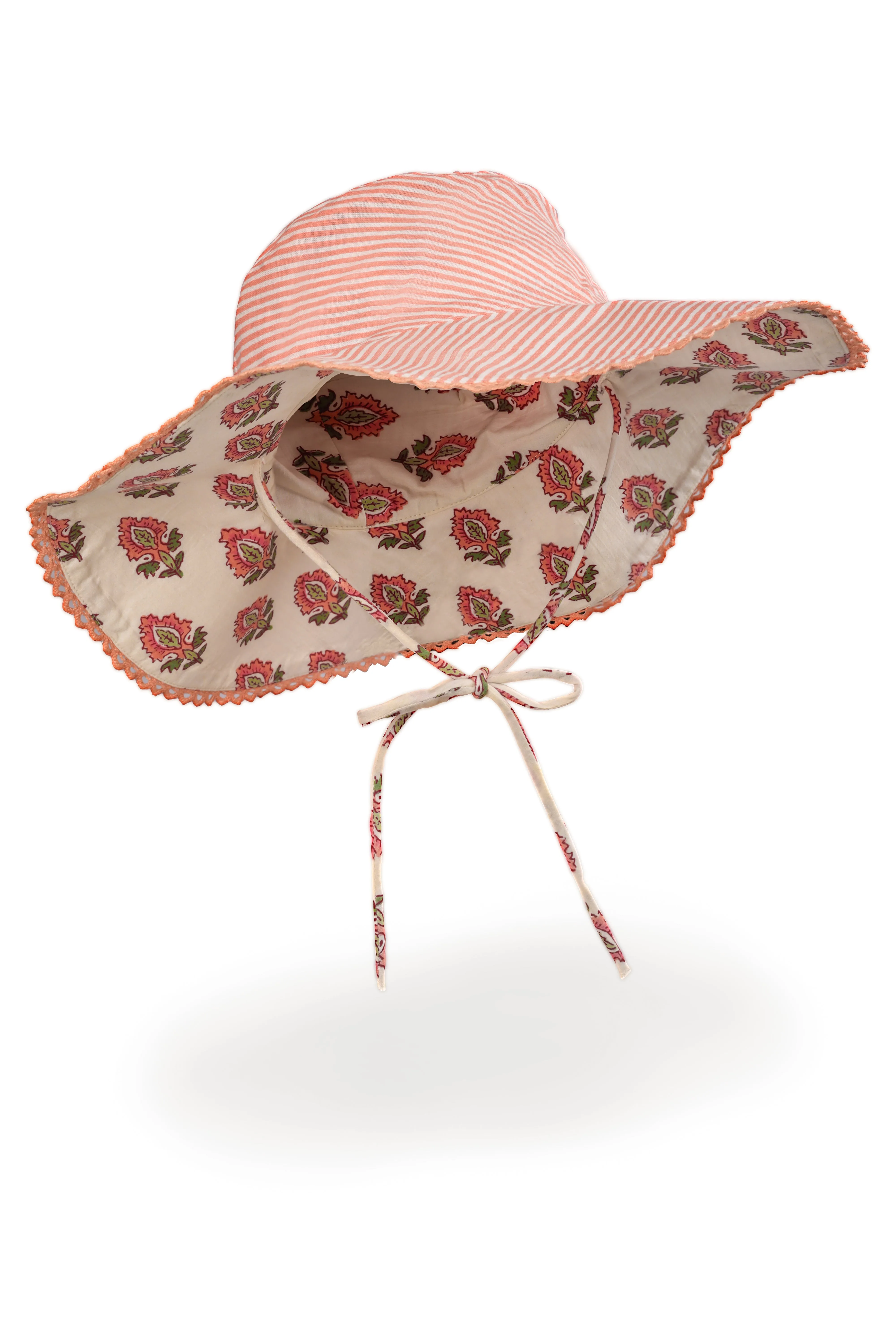 Reversible Coral Booti Print & Coral Stripe Sun Hat for Kids