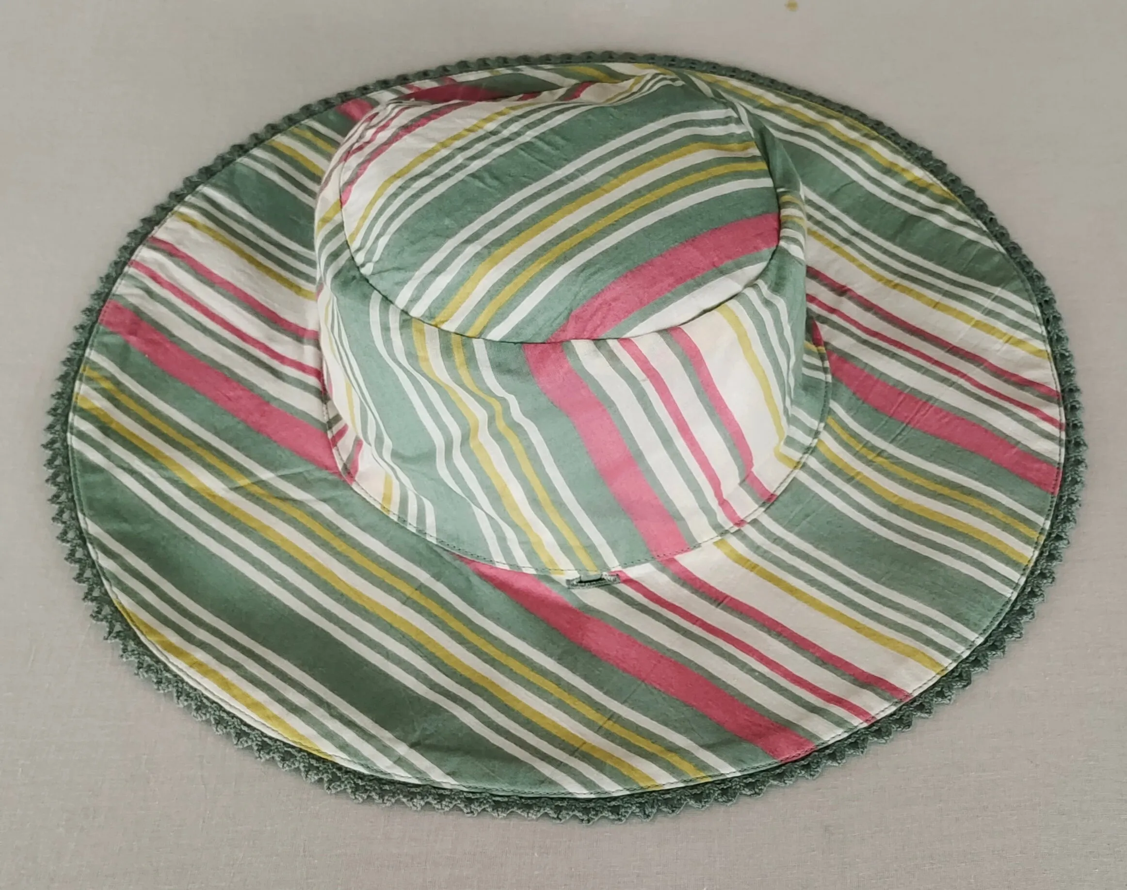 Reversible Green Floral & stripe Kids' Sun Hat with Lace Detail