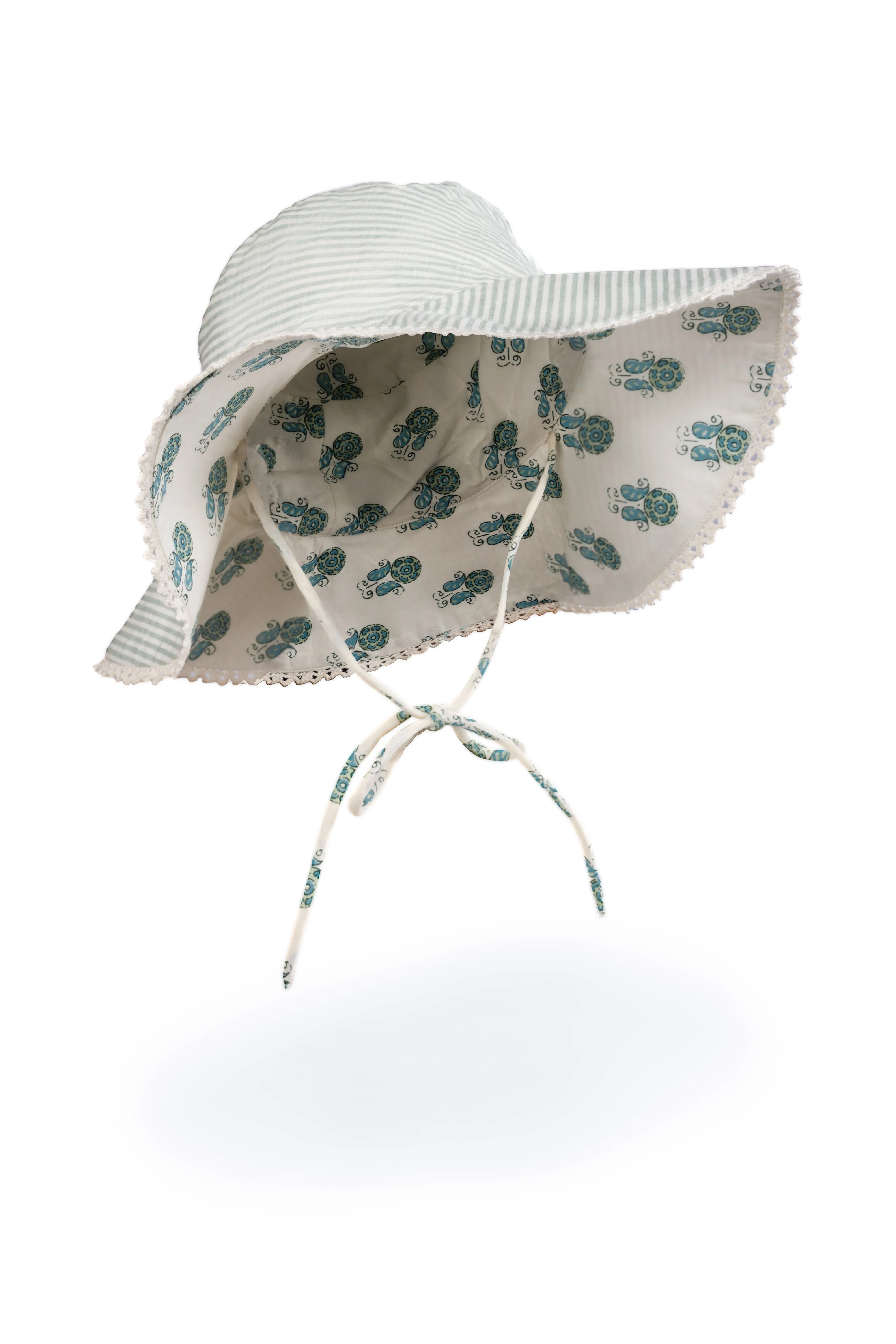 Reversible Sage Booti Print & Sage Stripe Sun Hat for Kids