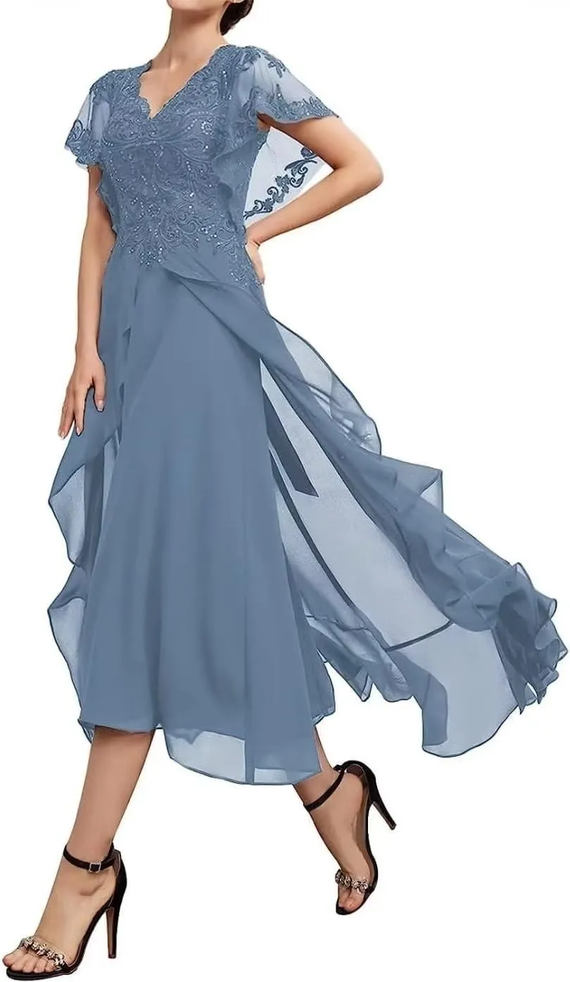 Ruffle Sleeves Mother of The Bride Dresses Tea Length Lace Appliques Pleated Chiffon Formal Evening Gowns for Wedding