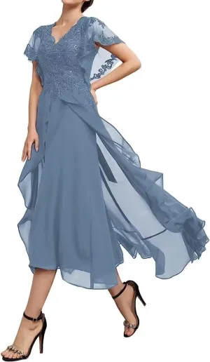 Ruffle Sleeves Mother of The Bride Dresses Tea Length Lace Appliques Pleated Chiffon Formal Evening Gowns for Wedding