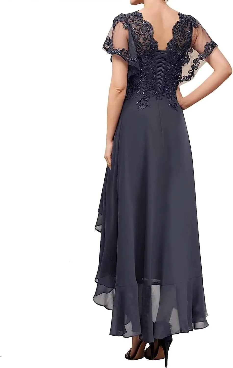 Ruffle Sleeves Mother of The Bride Dresses Tea Length Lace Appliques Pleated Chiffon Formal Evening Gowns for Wedding