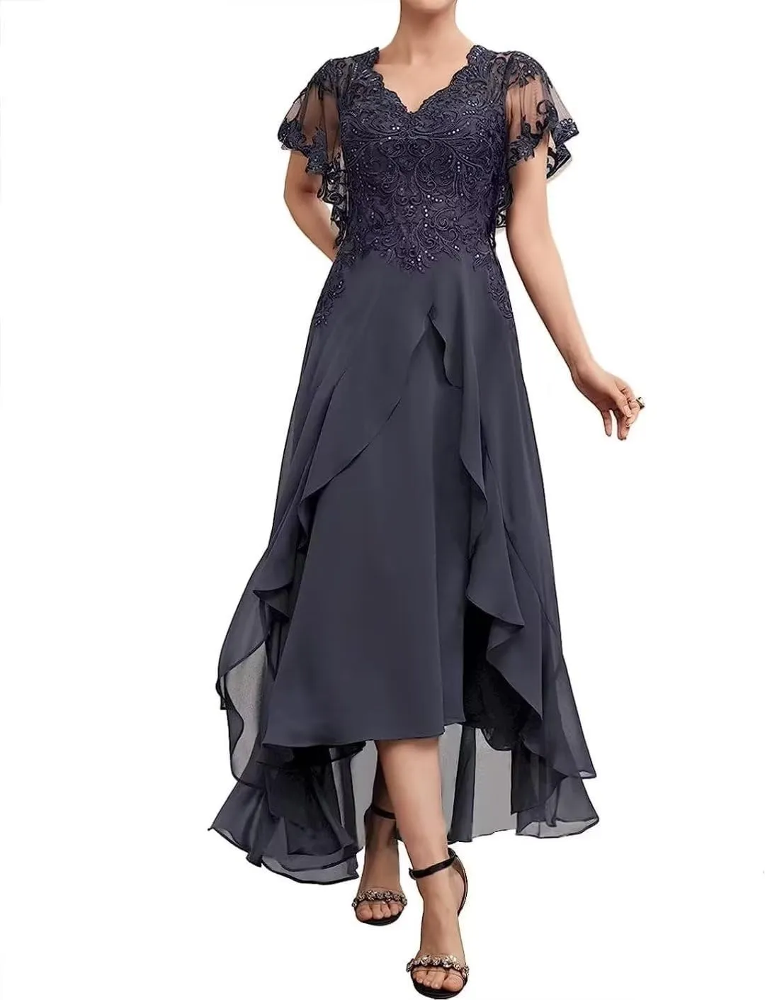 Ruffle Sleeves Mother of The Bride Dresses Tea Length Lace Appliques Pleated Chiffon Formal Evening Gowns for Wedding