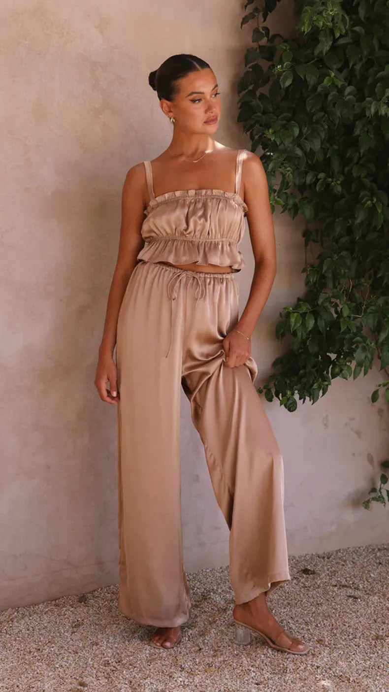 Satin Crop Top & Wide Leg Pants Set #167780