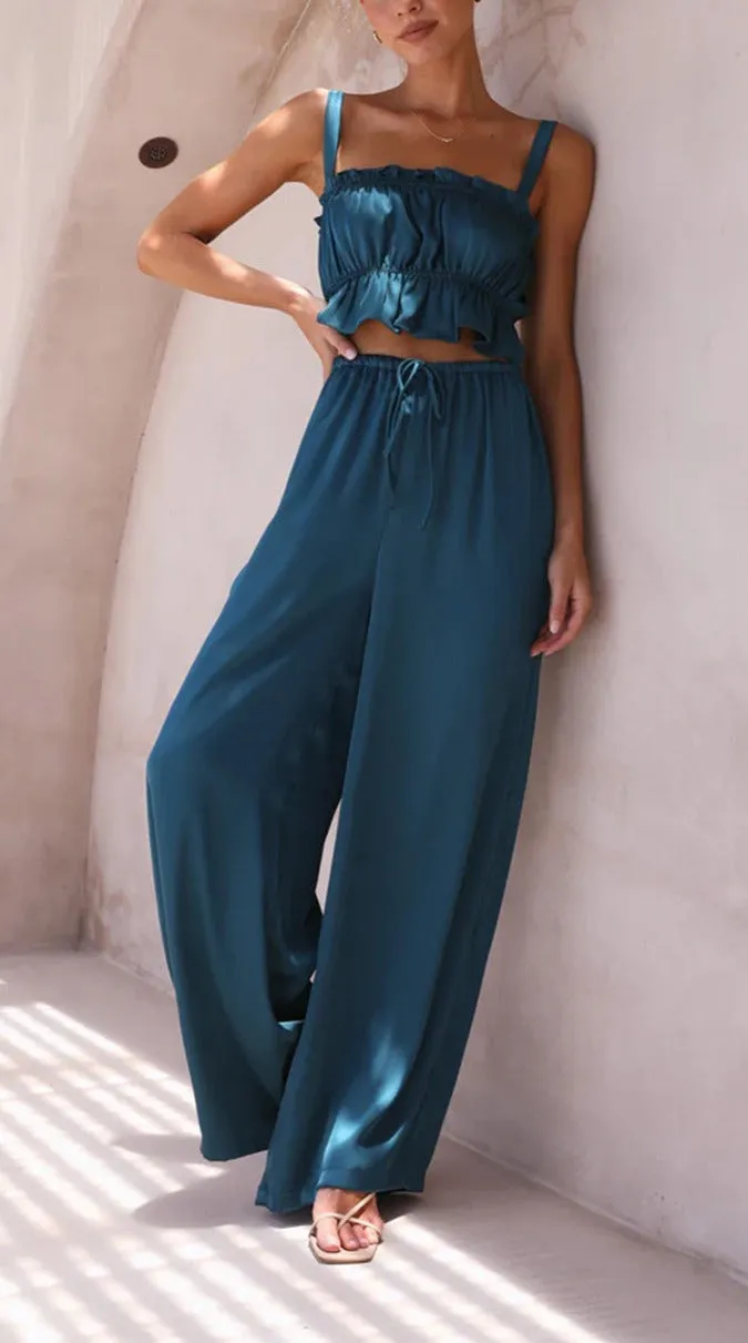 Satin Crop Top & Wide Leg Pants Set #167780