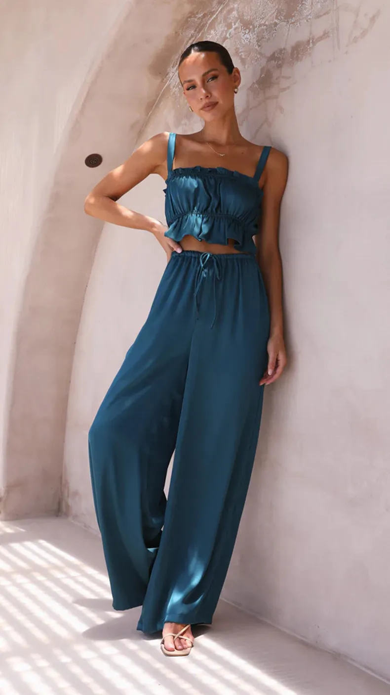 Satin Crop Top & Wide Leg Pants Set #167780