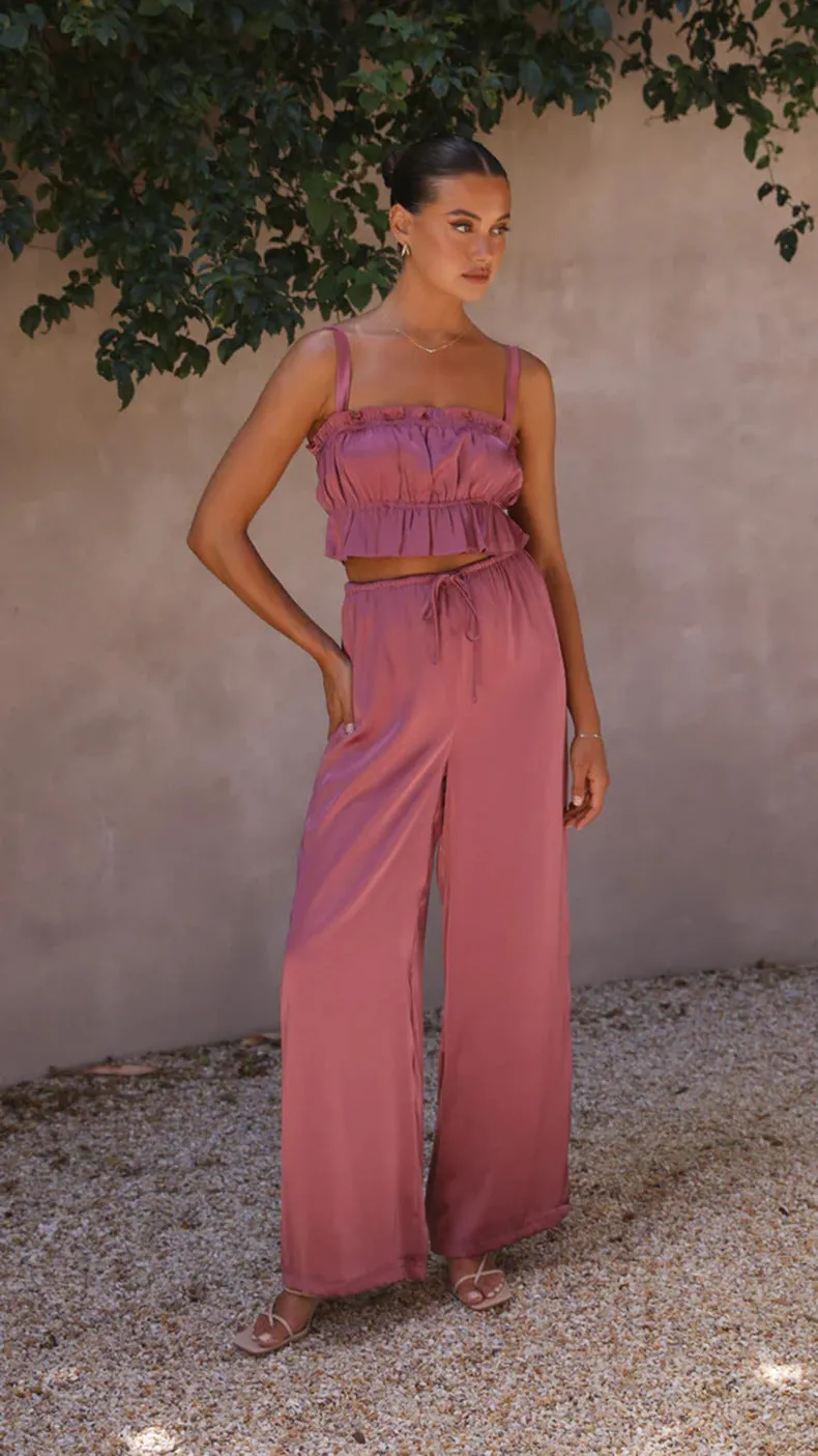 Satin Crop Top & Wide Leg Pants Set #167780