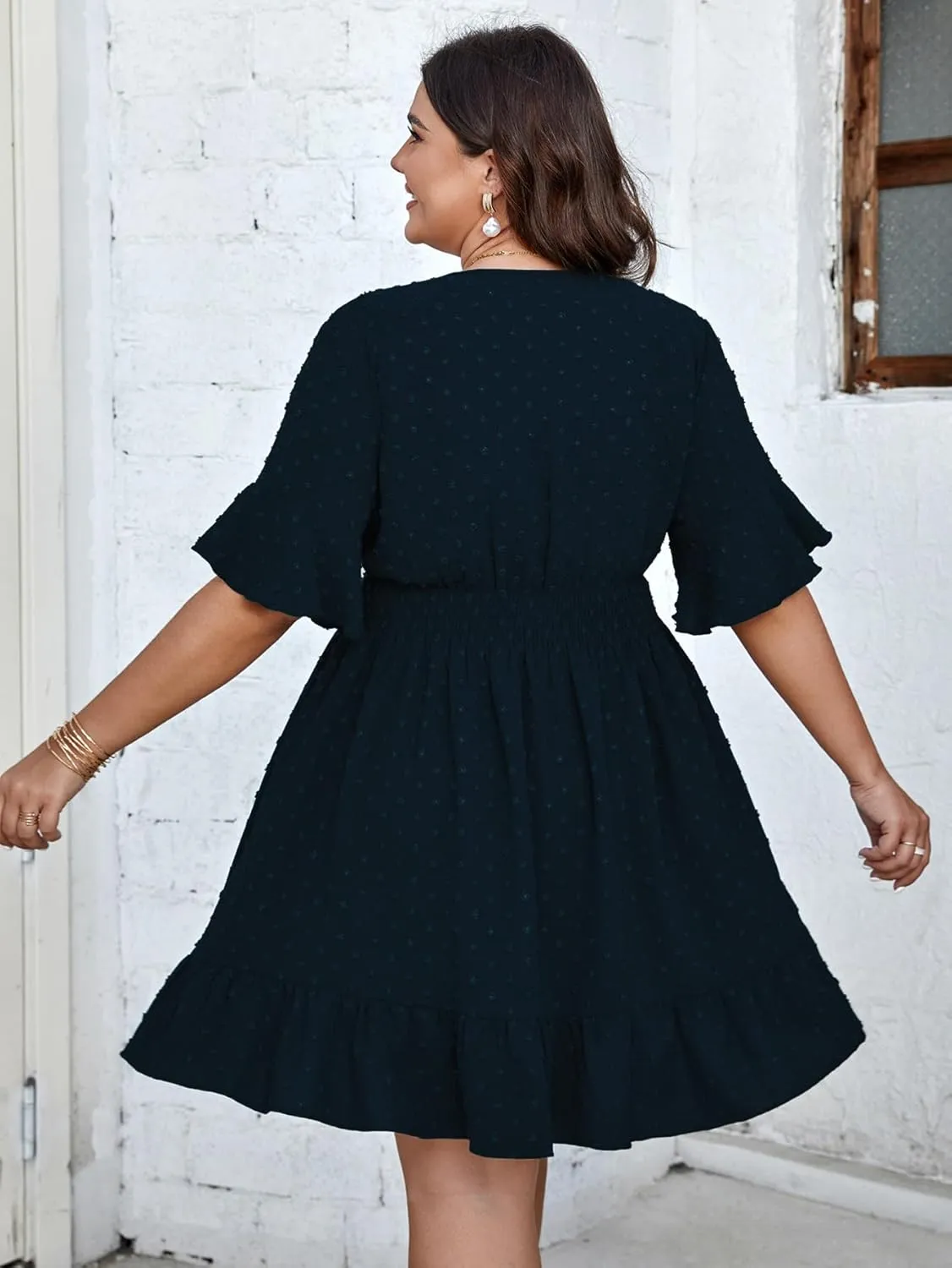 SCOMCHIC Plus Size Casual Summer Dress for Women Swiss Dot Wrap V Neck Ruffle Sleeve Smock Boho Mini Dress