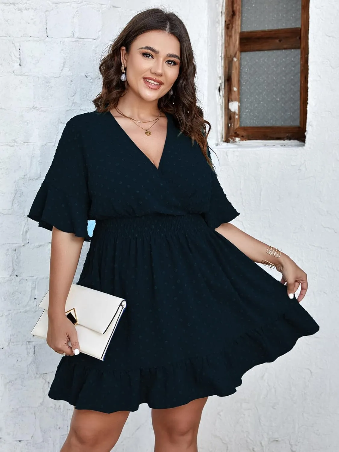 SCOMCHIC Plus Size Casual Summer Dress for Women Swiss Dot Wrap V Neck Ruffle Sleeve Smock Boho Mini Dress
