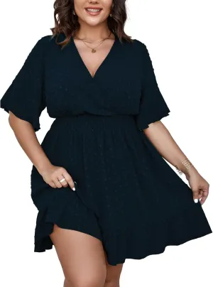 SCOMCHIC Plus Size Casual Summer Dress for Women Swiss Dot Wrap V Neck Ruffle Sleeve Smock Boho Mini Dress