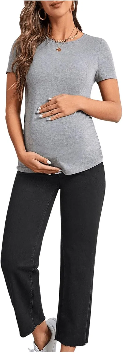 SHENHE Women's Maternity Jeans Over Belly High Waist Raw Hem Comfy Stretch Jean Denim Pants