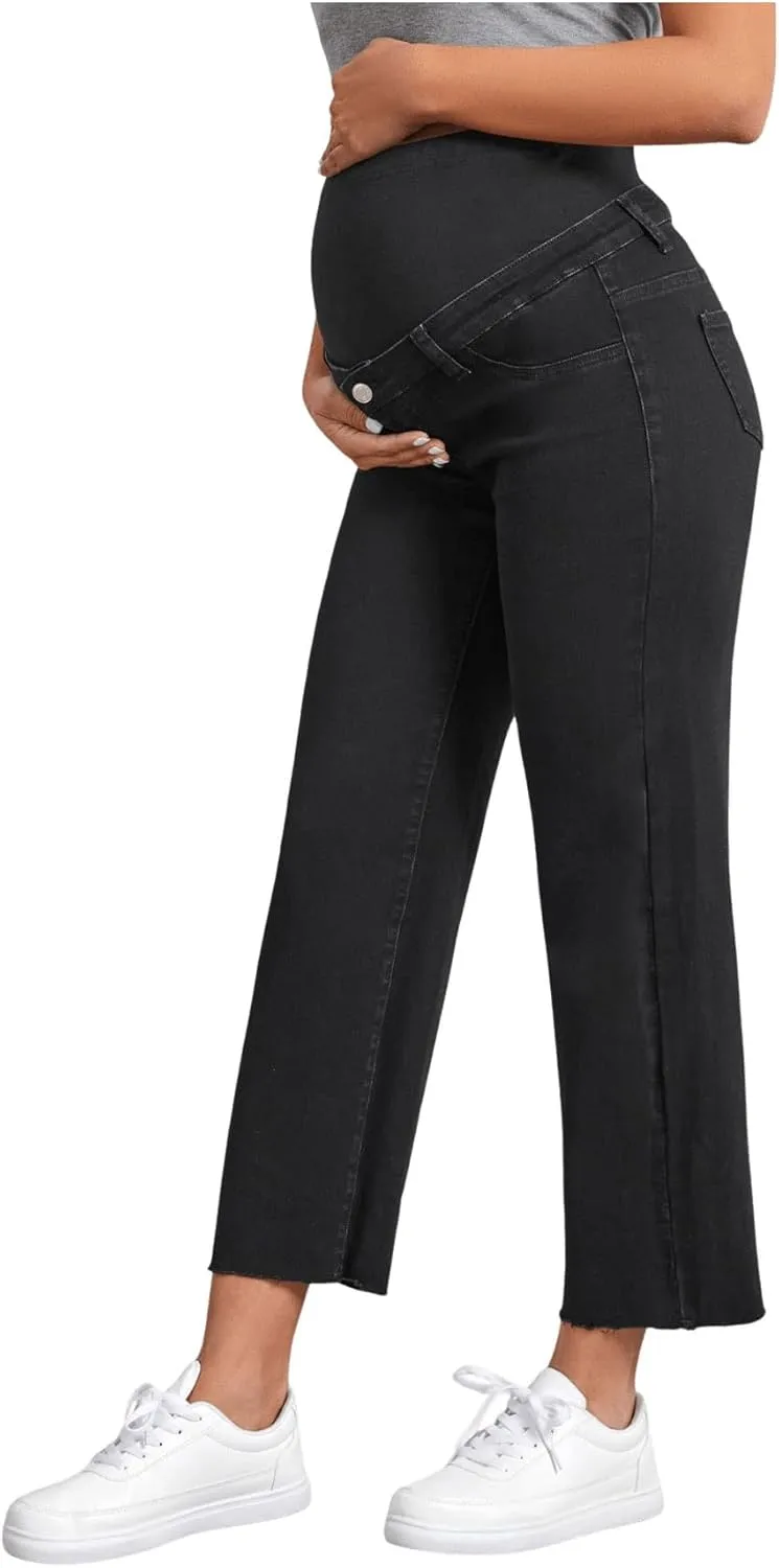 SHENHE Women's Maternity Jeans Over Belly High Waist Raw Hem Comfy Stretch Jean Denim Pants