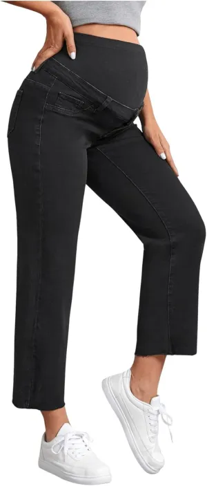SHENHE Women's Maternity Jeans Over Belly High Waist Raw Hem Comfy Stretch Jean Denim Pants
