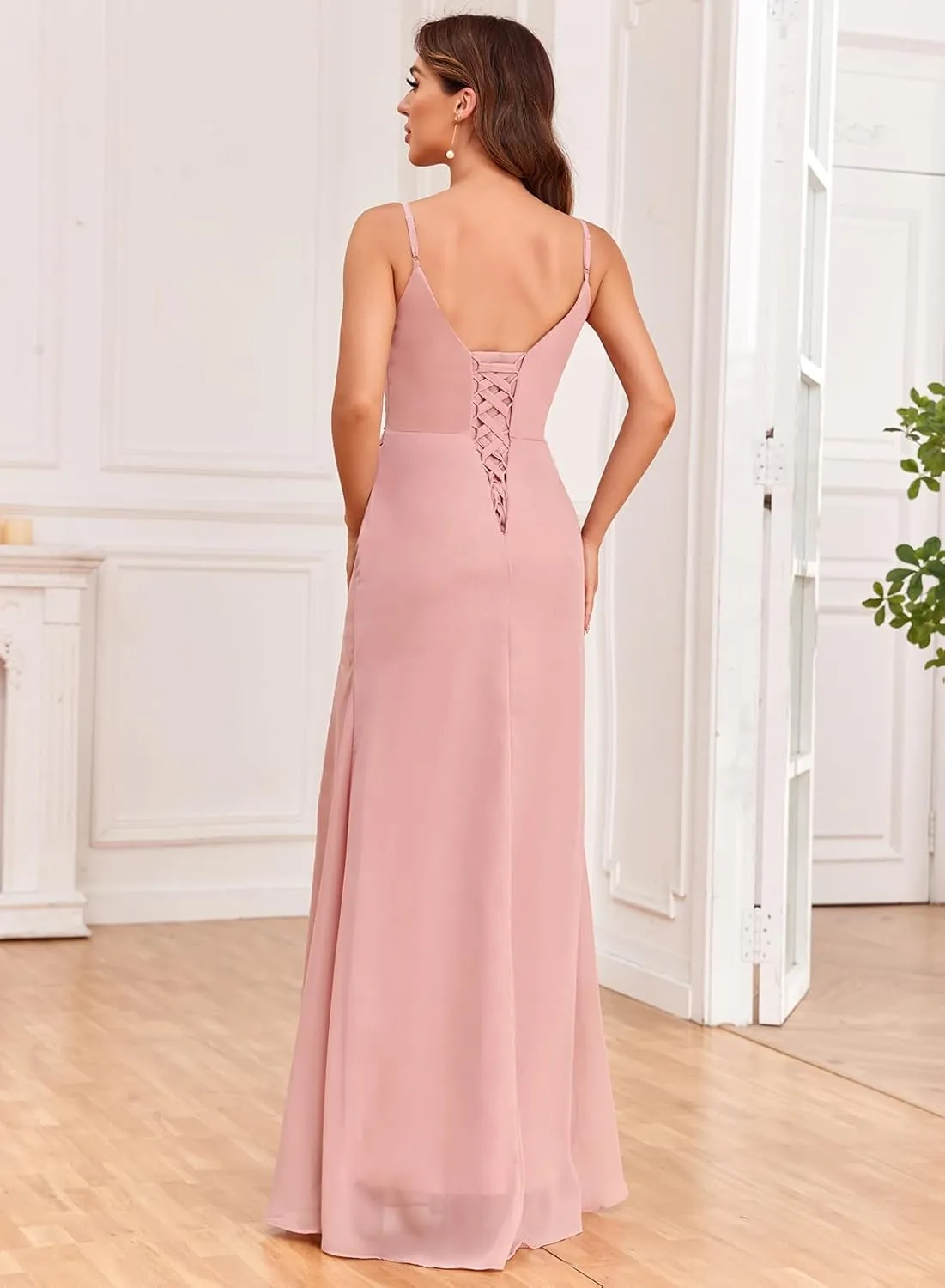 Spaghetti Strap Bridesmaid Dress Long with Slit Chiffon Pleated Chiffon Formal Party Dress