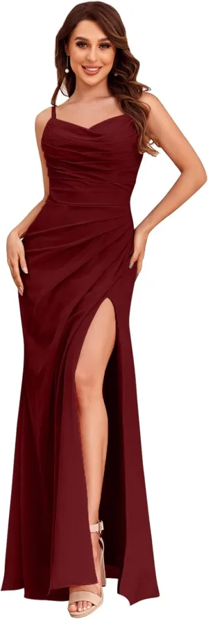 Spaghetti Strap Bridesmaid Dress Long with Slit Chiffon Pleated Chiffon Formal Party Dress