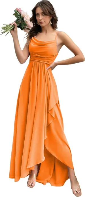 Spaghetti Strap Chiffon Bridesmaid Dress Long Cowl Neck Party Dresses A Line Ruffle Evening Gown with Slit ZX101