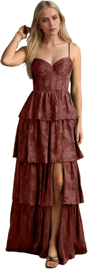 Spaghetti Straps Floral Prom Dresses for Women Long Tiered Ruffle Chiffon Formal Evening Gown with Slit EA034