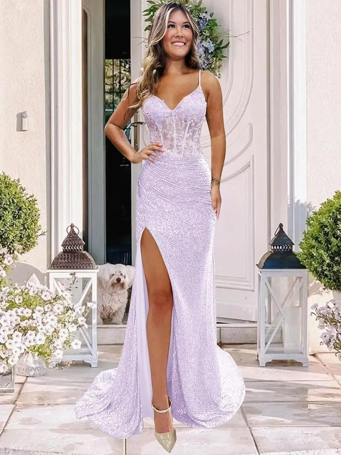 Sparkly Sequin Prom Dresses 2025 Mermaid Long Ball Gown for Women Spaghetti Straps V-Neck Evening Dress with Slit