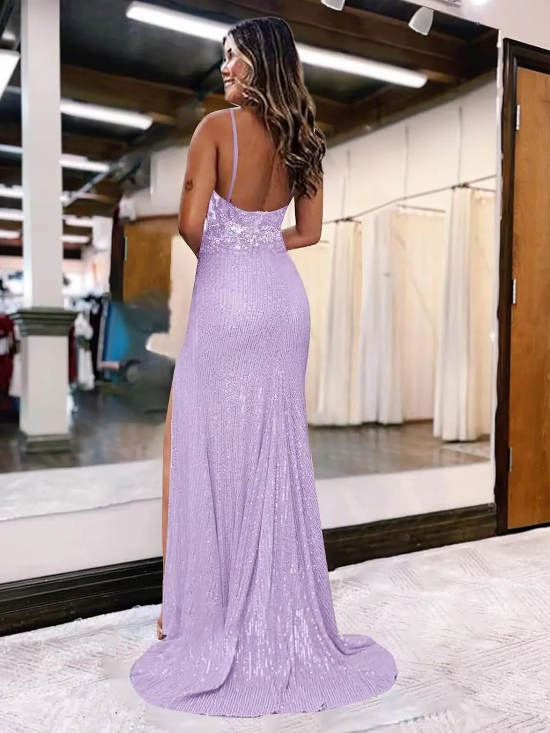 Sparkly Sequin Prom Dresses 2025 Mermaid Long Ball Gown for Women Spaghetti Straps V-Neck Evening Dress with Slit