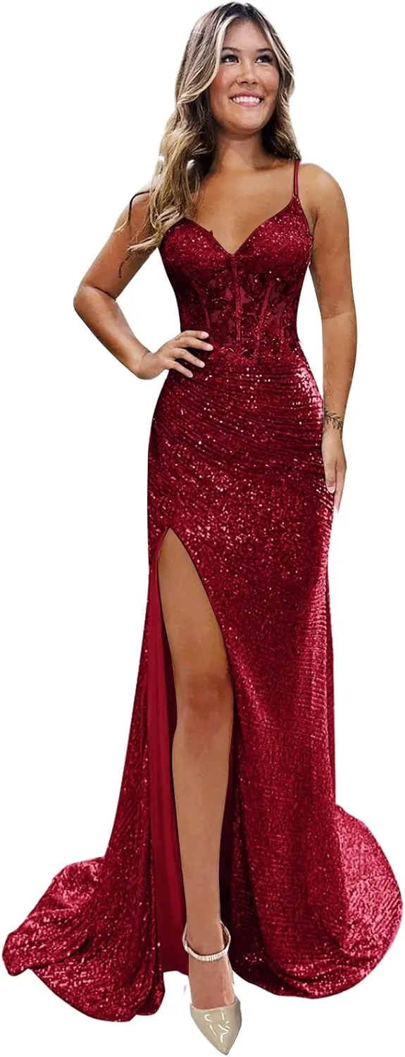 Sparkly Sequin Prom Dresses 2025 Mermaid Long Ball Gown for Women Spaghetti Straps V-Neck Evening Dress with Slit