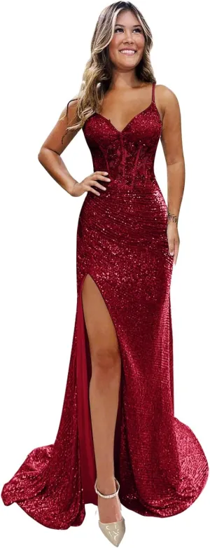 Sparkly Sequin Prom Dresses 2025 Mermaid Long Ball Gown for Women Spaghetti Straps V-Neck Evening Dress with Slit