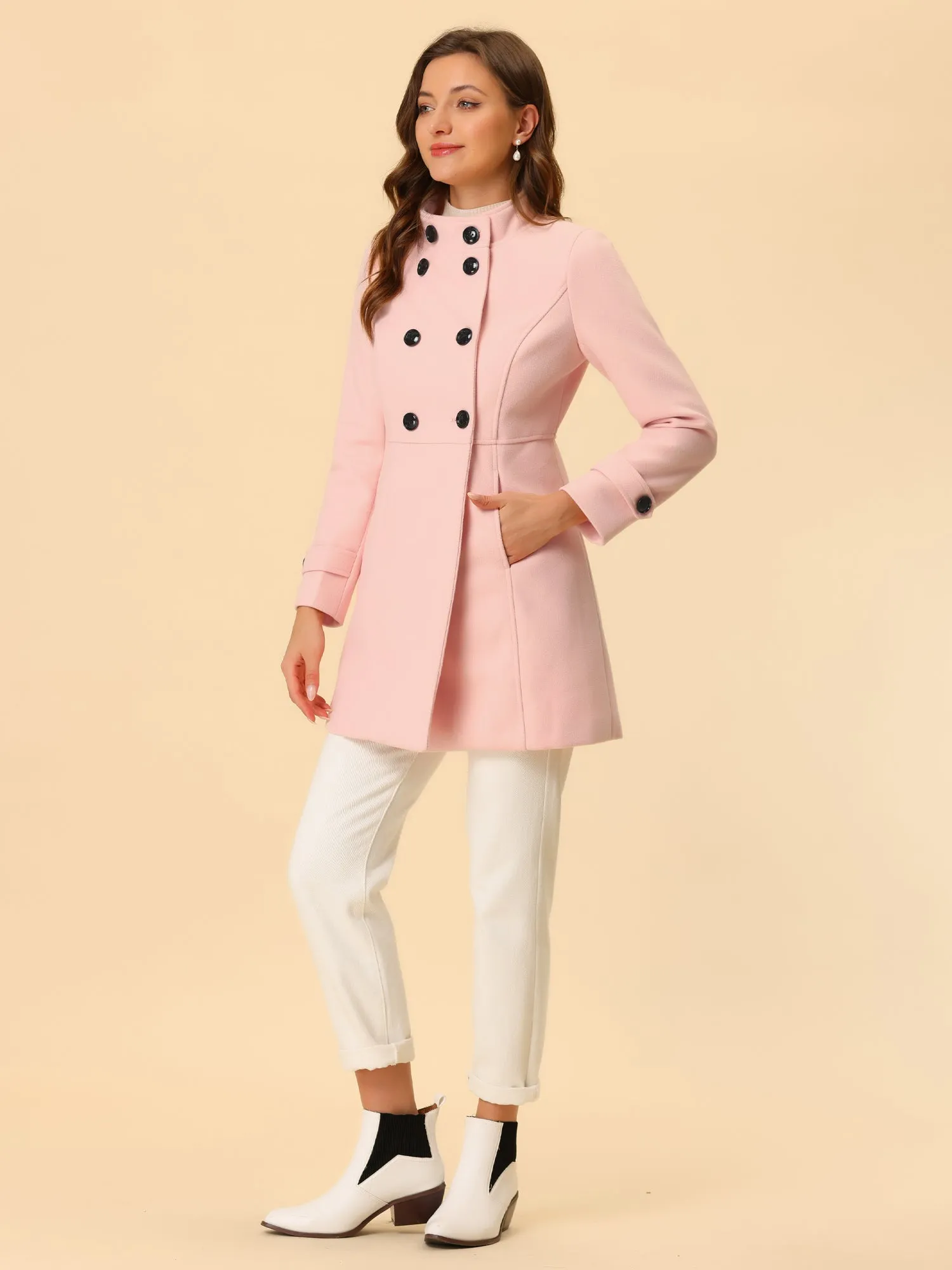 Stand Collar Double Breasted Slant Pockets Trendy Outwear Winter Coat