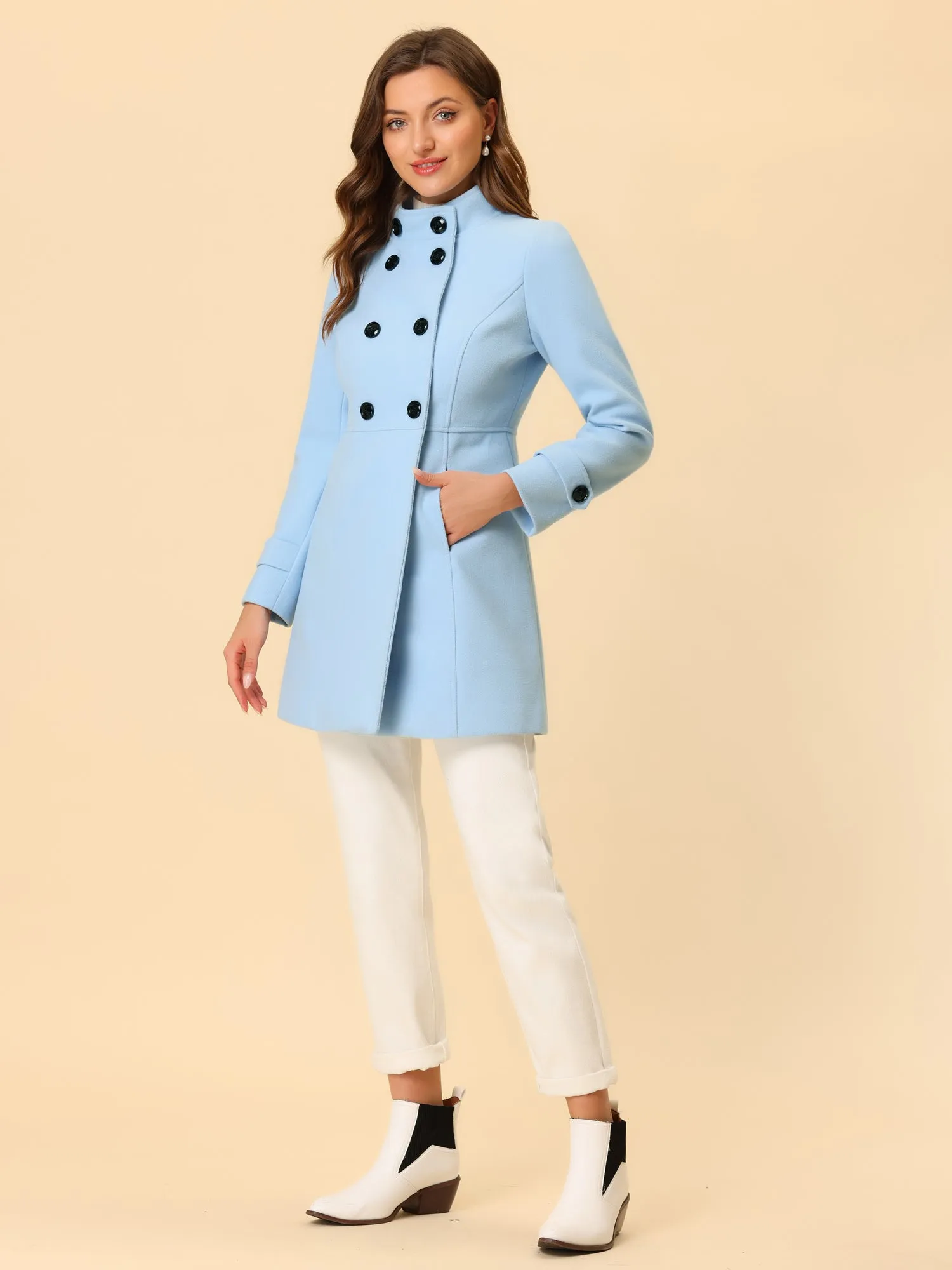 Stand Collar Double Breasted Slant Pockets Trendy Outwear Winter Coat