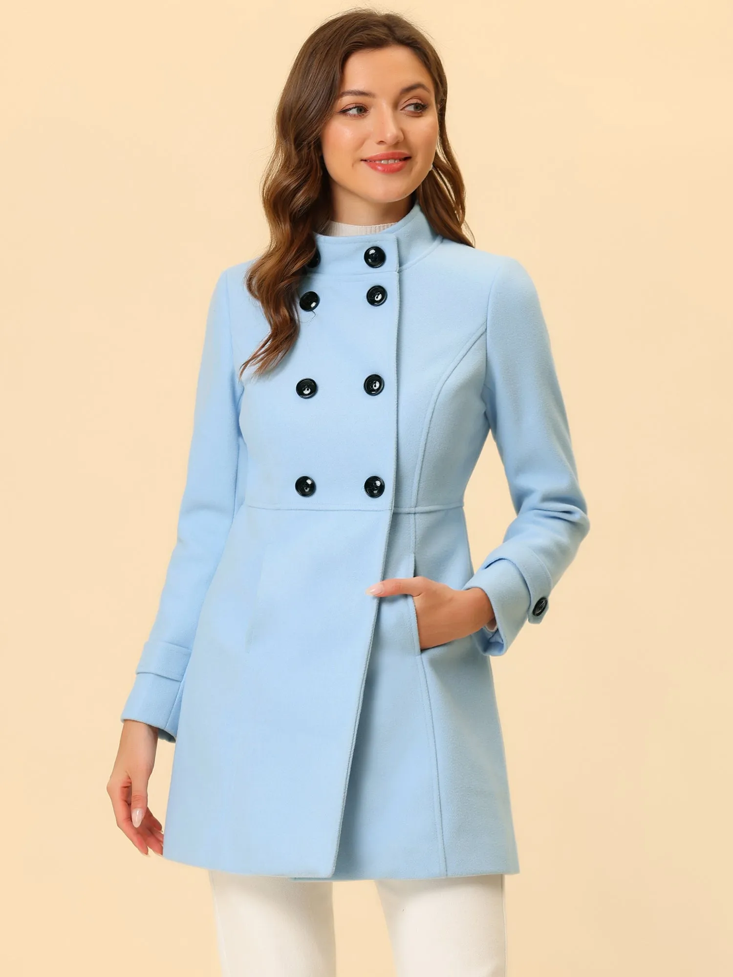 Stand Collar Double Breasted Slant Pockets Trendy Outwear Winter Coat